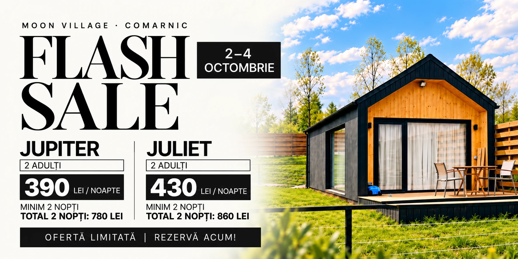 Flash Sale Moon Village, 2–4 octombrie. Jupiter: 390 lei/noapte, 780 lei pentru 2 nopți. Juliet: 430 lei/noapte, 860 lei pentru 2 nopți. 2 adulți, minimum 2 nopți. Ofertă limitată, rezervă acum!